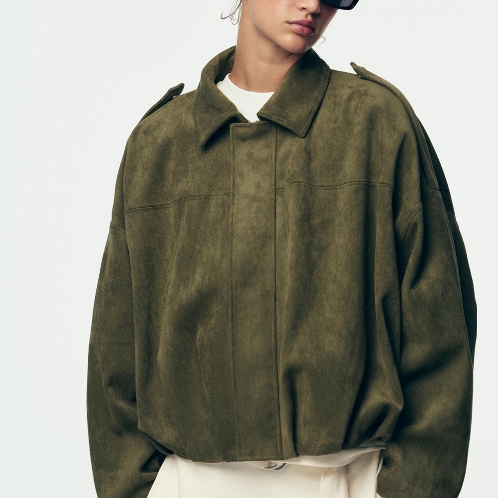 Zara Green Suede Bomber Jacket
